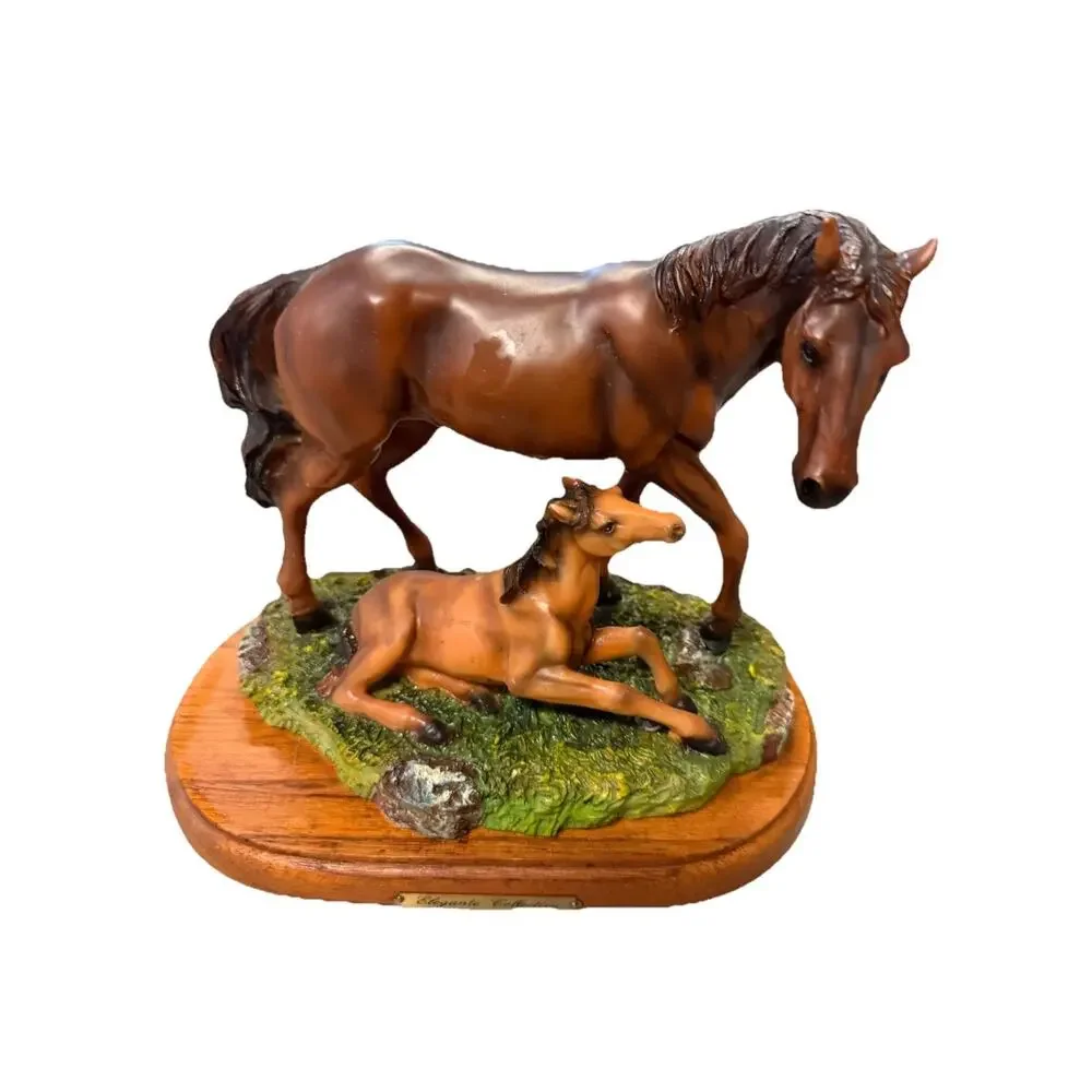 Vintage Elegante Collection Mare & Foal Horse Figurine Resin Statue Wood Base